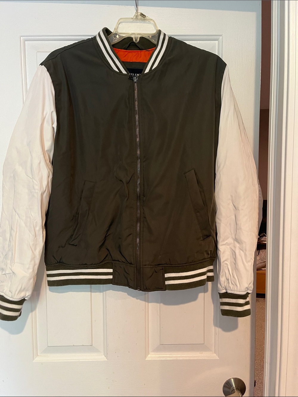 American Eagle Outfitters Olive Green Bomber Jacket with White Sleeves